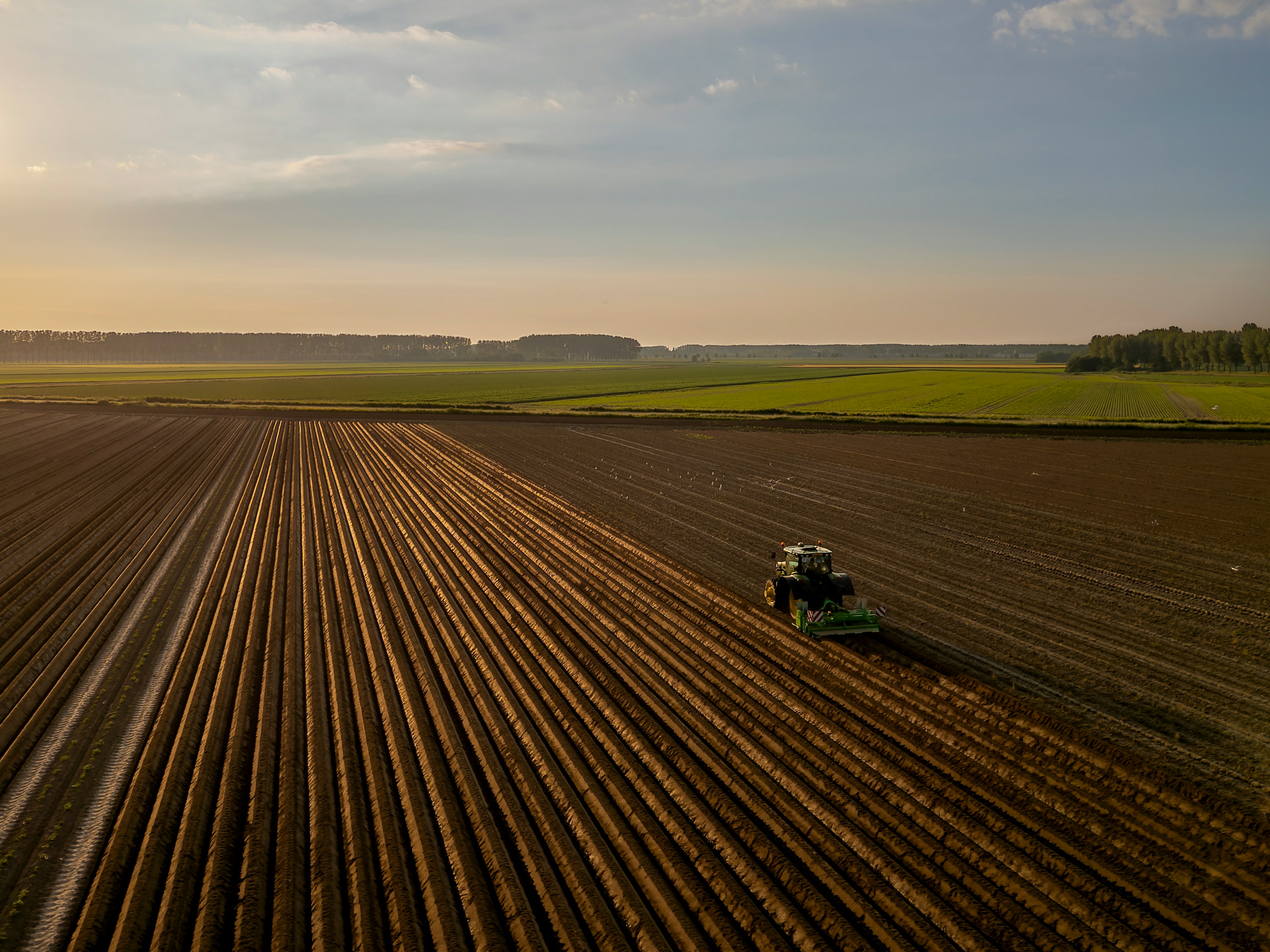 Aerial view of a tractor tilling field rows at sunset.